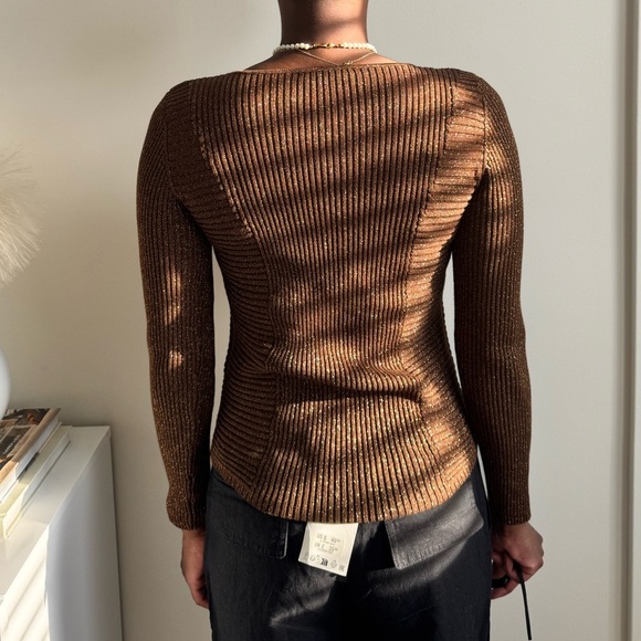 INC International Concepts Bronze Metallic Brown Gold Ribbed V-Neck Sweater - Picture 6 of 7